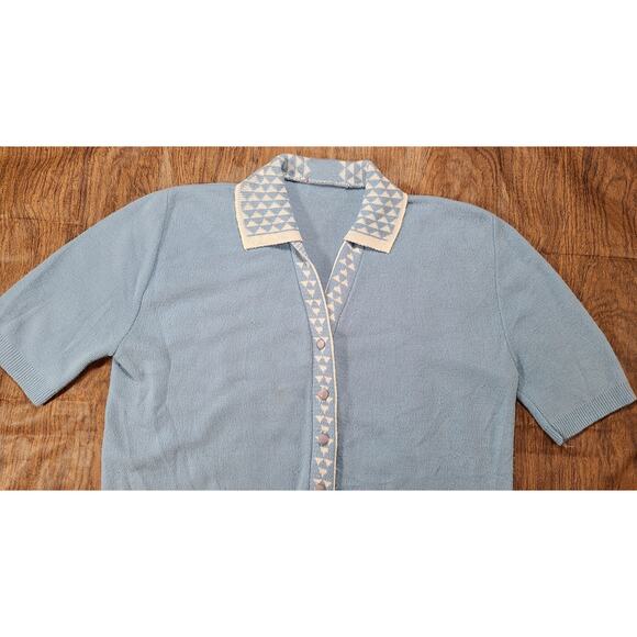 Vintage 50s-60s Womens Cardigan Size XS Baby Blue Print Trim Sweater Collared - Picture 2 of 7